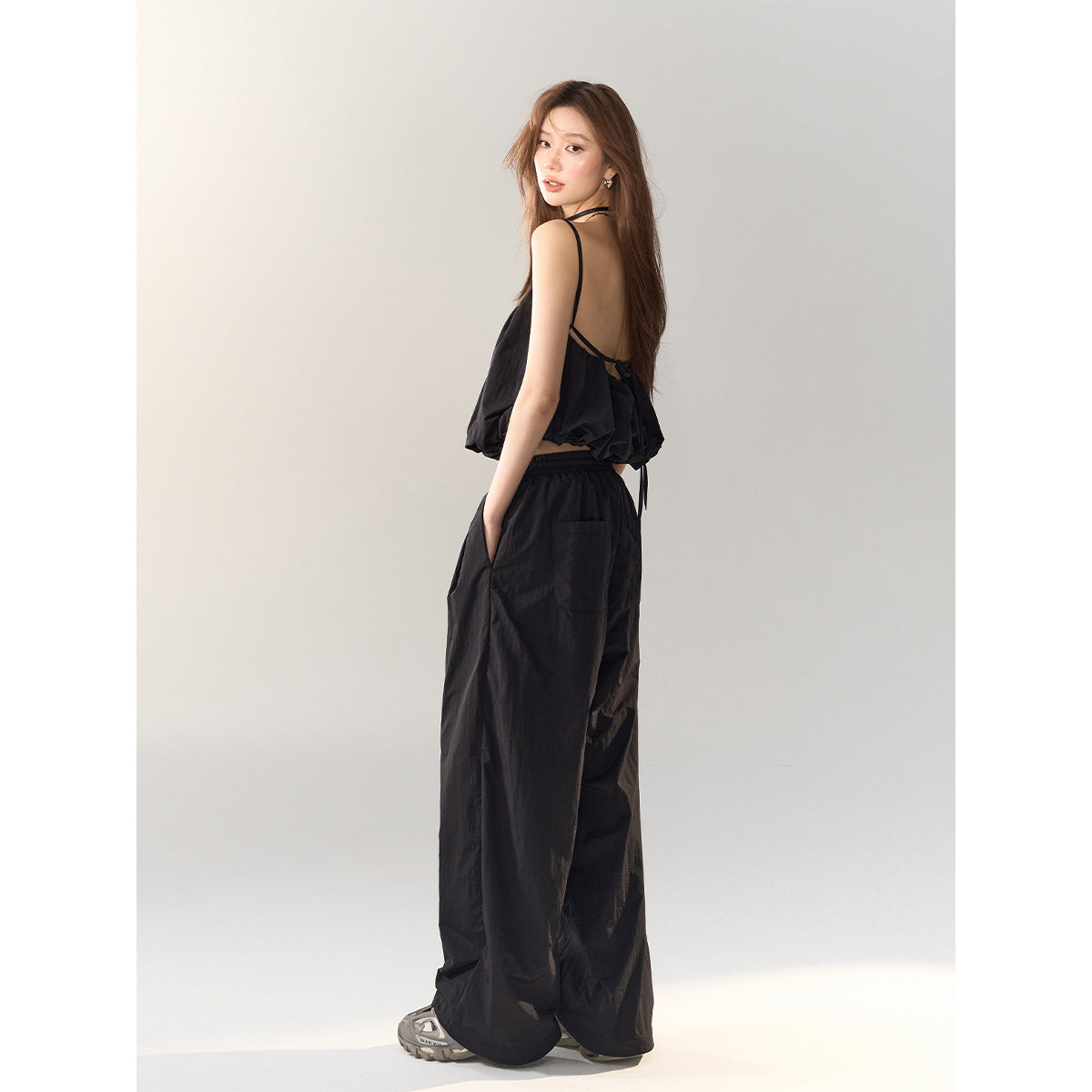 AsGony High Waist Drawstring Wide Leg Pants Black