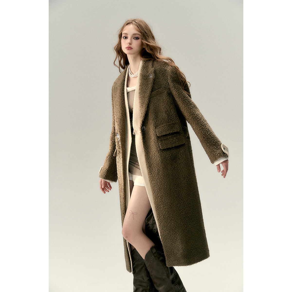 Via Pitti Fake-2-Piece Thicken Long Fleece Coat Brown