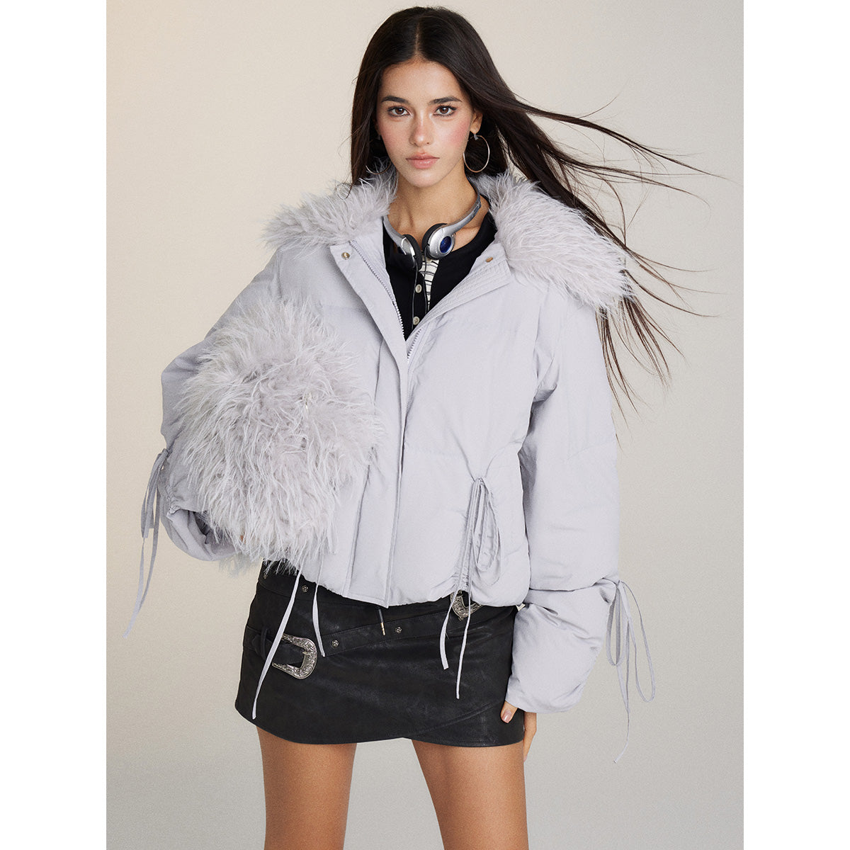 Via Pitti Bow Drawstring Fur Collar Down Jacket Light Gray