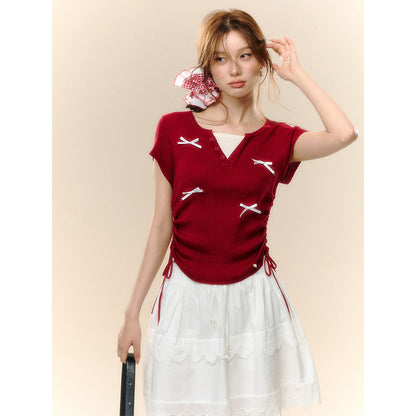 AsGony Fake-2-Piece Bow Tie Drawstring Knit Top Red