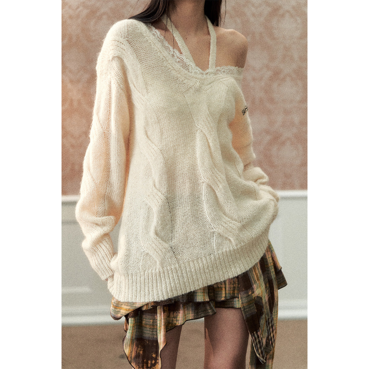 Via Pitti Lace Patchwork Mohair Sweater Cream