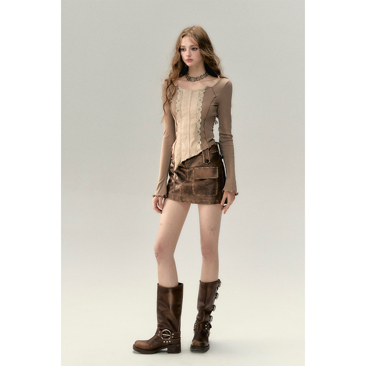 Via Pitti Lace Patchwork Knit Slim Top Khaki