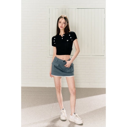 Via Pitti Logo Embroidery Button Knit Polo Top Black