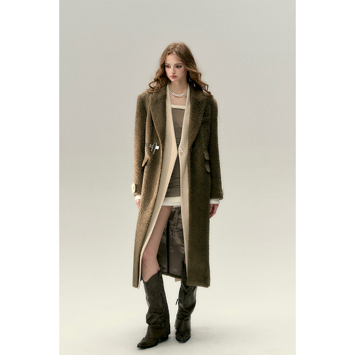 Via Pitti Fake-2-Piece Thicken Long Fleece Coat Brown