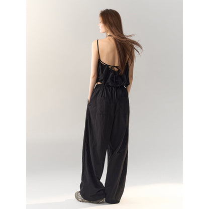 AsGony High Waist Drawstring Wide Leg Pants Black