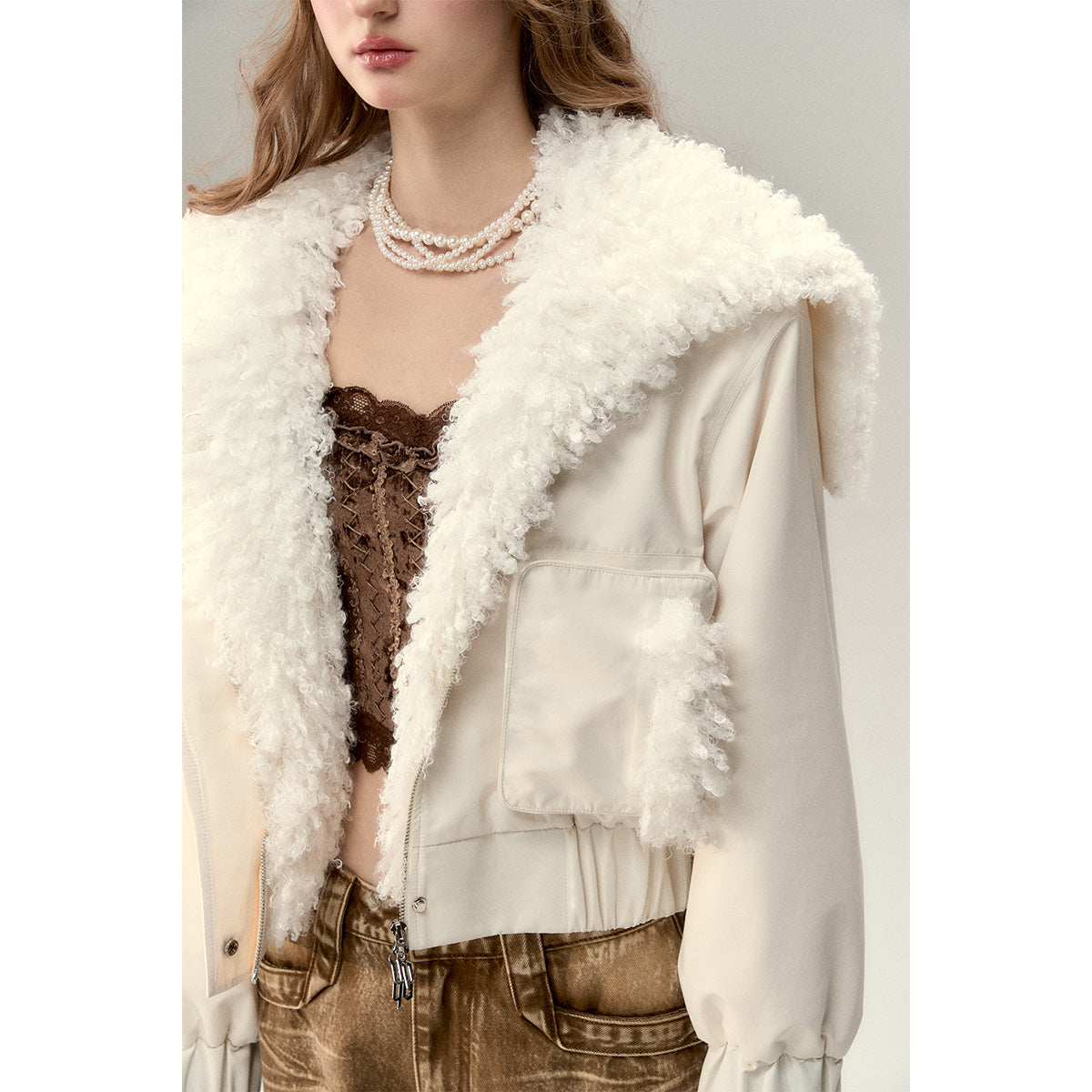 Via Pitti Cargo Pockets Rabbit Fur Jacket Cream