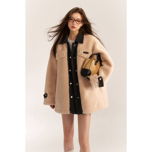 AsGony Fake-2-Piece Denim Patchwork Fleece Mid-Length Coat Beige