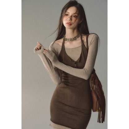 Via Pitti Color Blocked Halterneck Knit Dress Brown