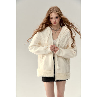 Via Pitti Fuzzy Edge Hooded Twist Knit Zipped Cardigan Cream