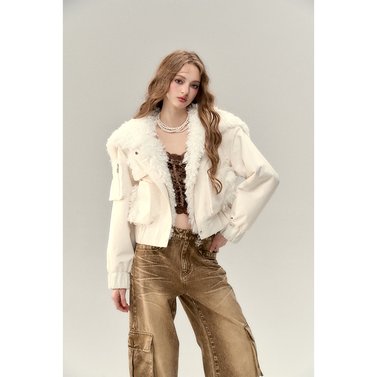 Via Pitti Cargo Pockets Rabbit Fur Jacket Cream