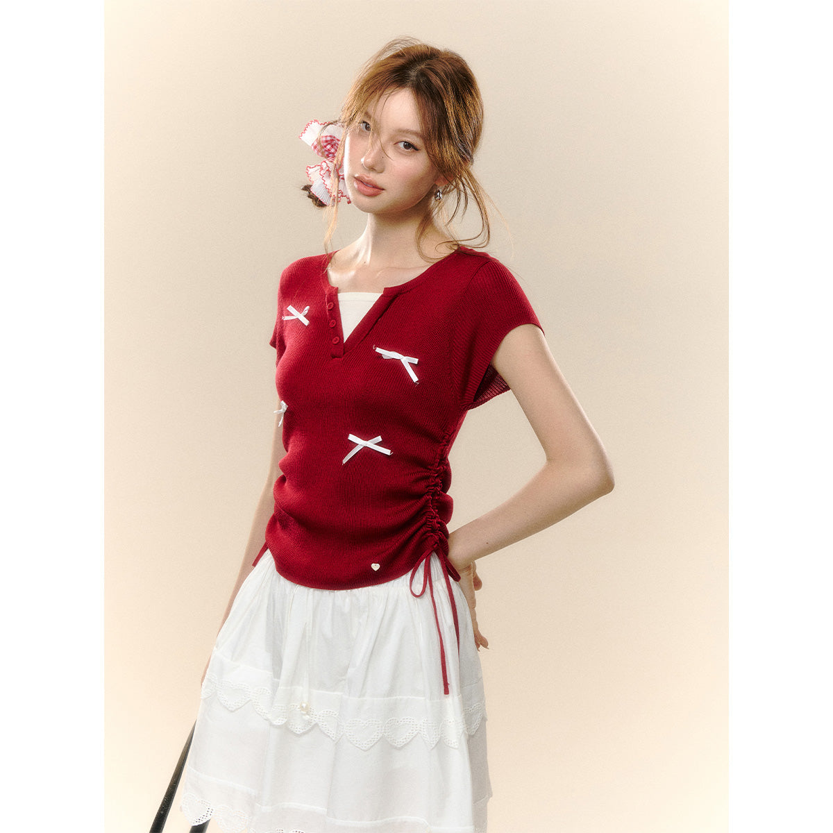 AsGony Fake-2-Piece Bow Tie Drawstring Knit Top Red