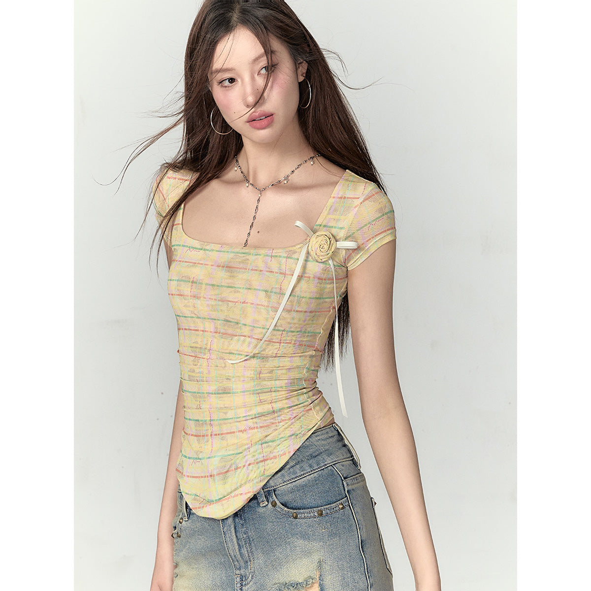 Via Pitti Plaid Rose Gauze Versatile T-Shirt Yellow