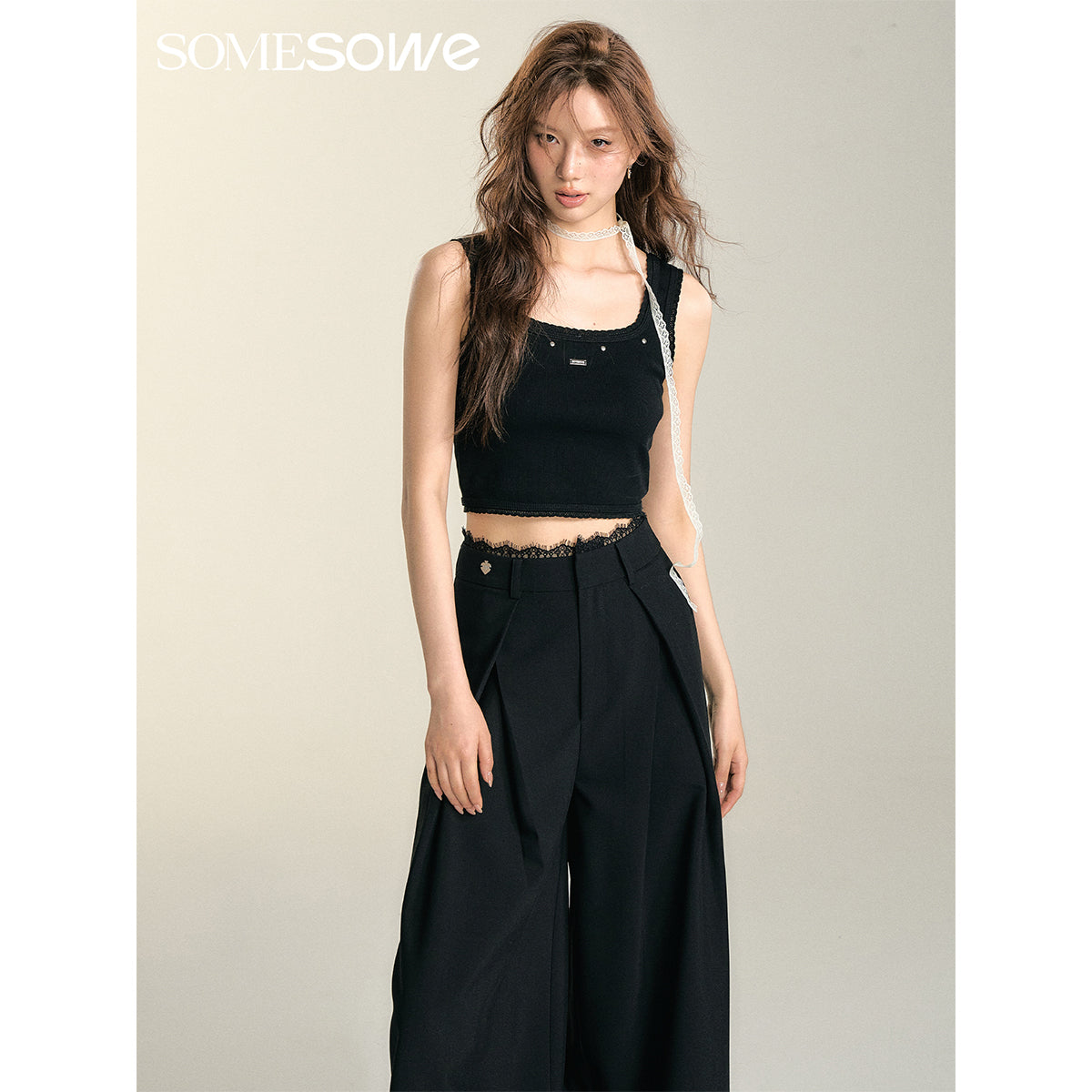 SomeSowe Lace Edge Rivet Knit Vest Black