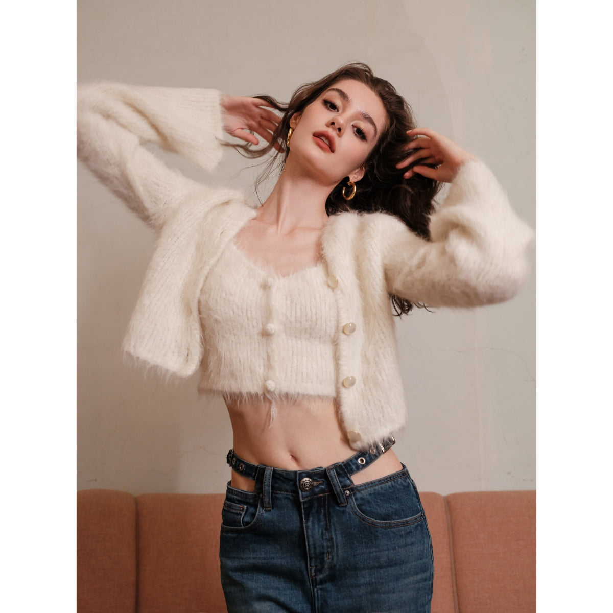 Rocha Roma Alpaca Knitted Lace Cardigan Cream