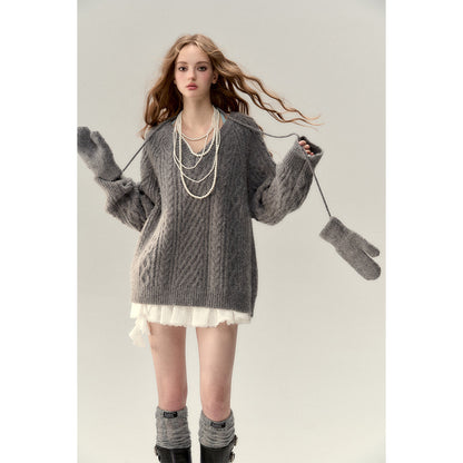 Via Pitti Two-Way Twist Knit Woollen Cardigan Grey