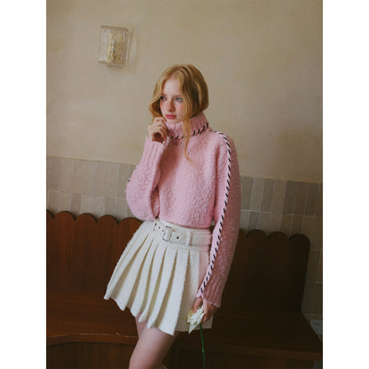 Rocha Roma Tweed Woolen Turtleneck Sweater Pink