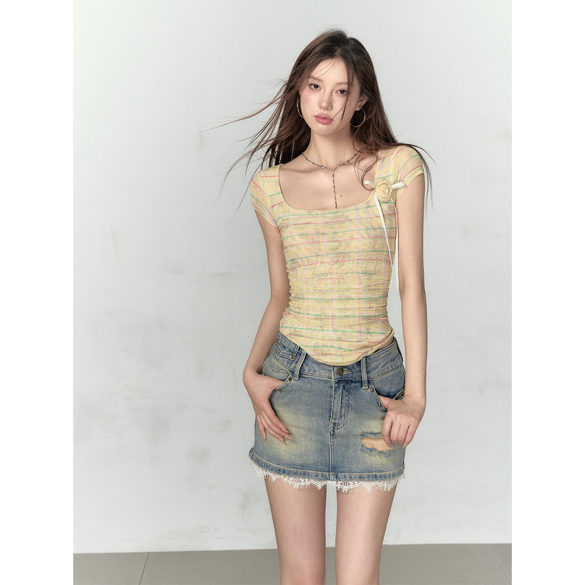 Via Pitti Plaid Rose Gauze Versatile T-Shirt Yellow