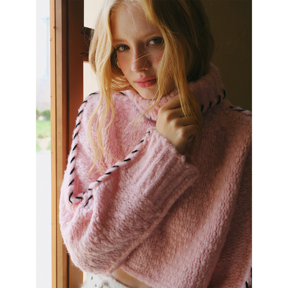 Rocha Roma Tweed Woolen Turtleneck Sweater Pink