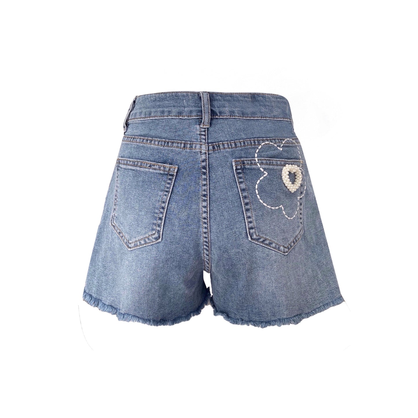 Kroche Embroidery Flower Denim Shorts Blue