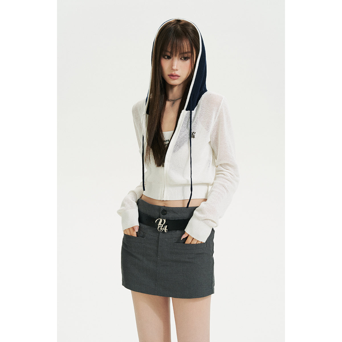 Via Pitti Color Blocked Knit Short Zip Hoddie White