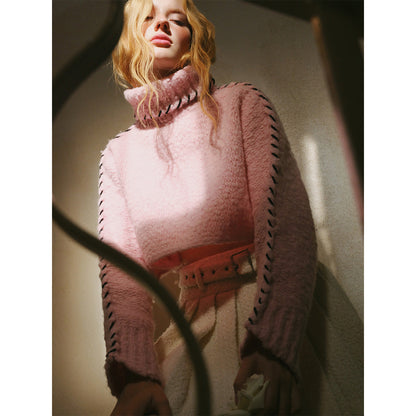 Rocha Roma Tweed Woolen Turtleneck Sweater Pink