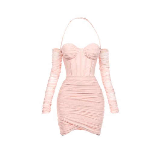 Sheer Luck Mesh Fish-Bone Wrap Sling Dress Pink