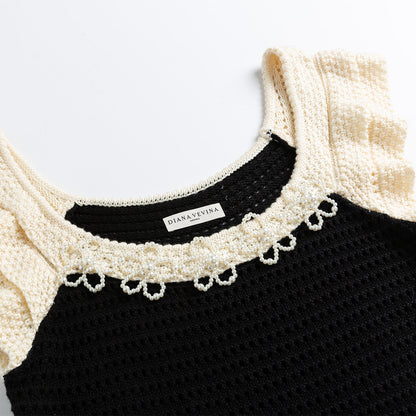 Diana Vevina Beaded Flower Hollow Knit Top Black