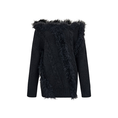 Via Pitti Off Shoulder Fur Integrated Knit Sweater Black