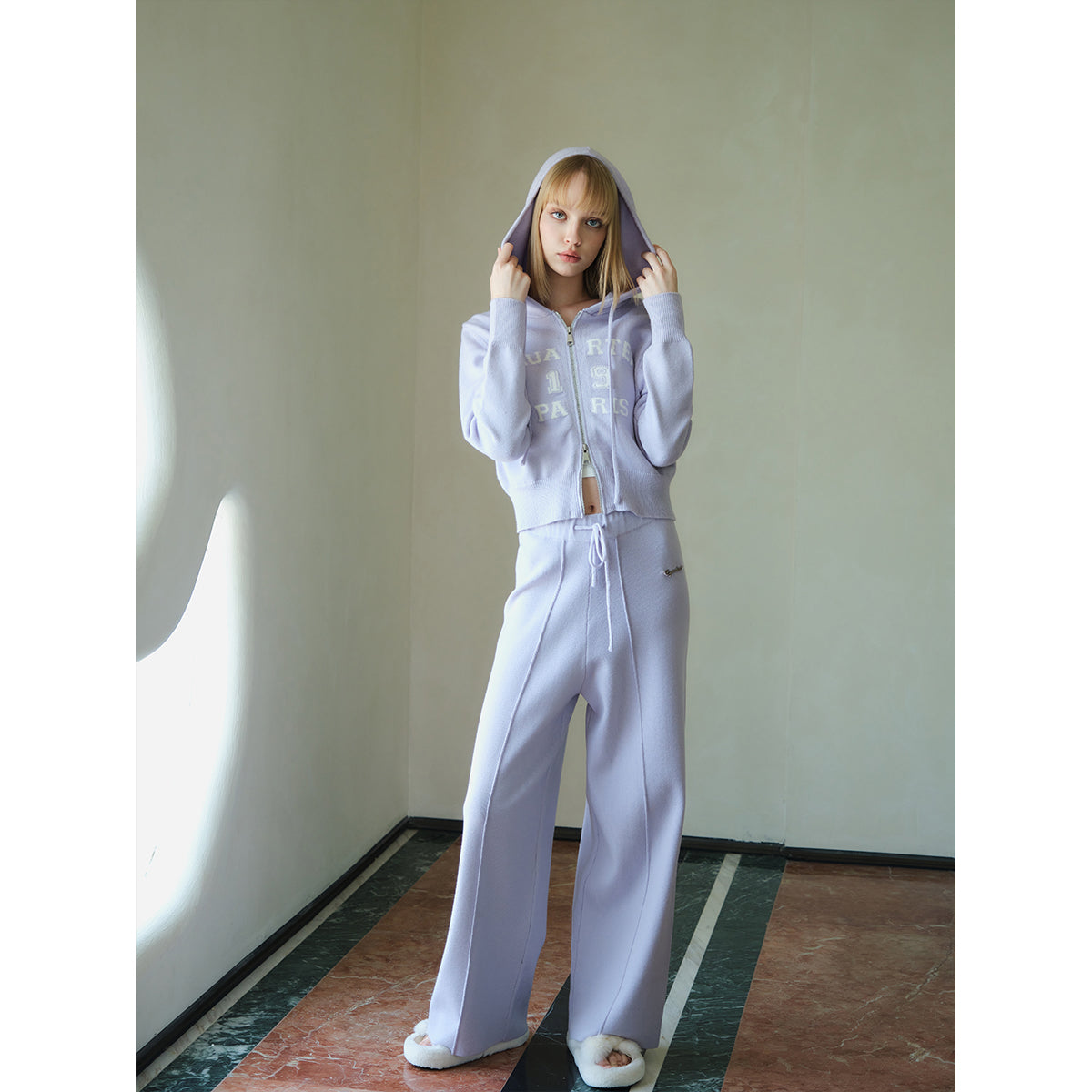 Three Quarters Oversized Straight-Leg Knit Pants Purple