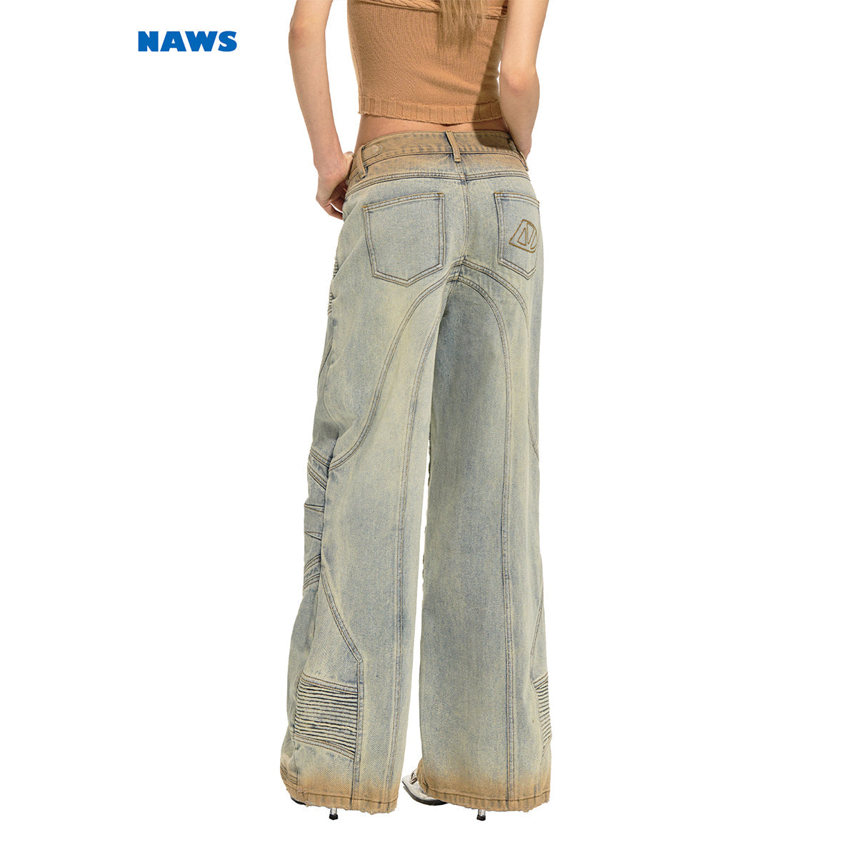 NAWS Distressed Washed Low-Rise Wide-Leg Jeans