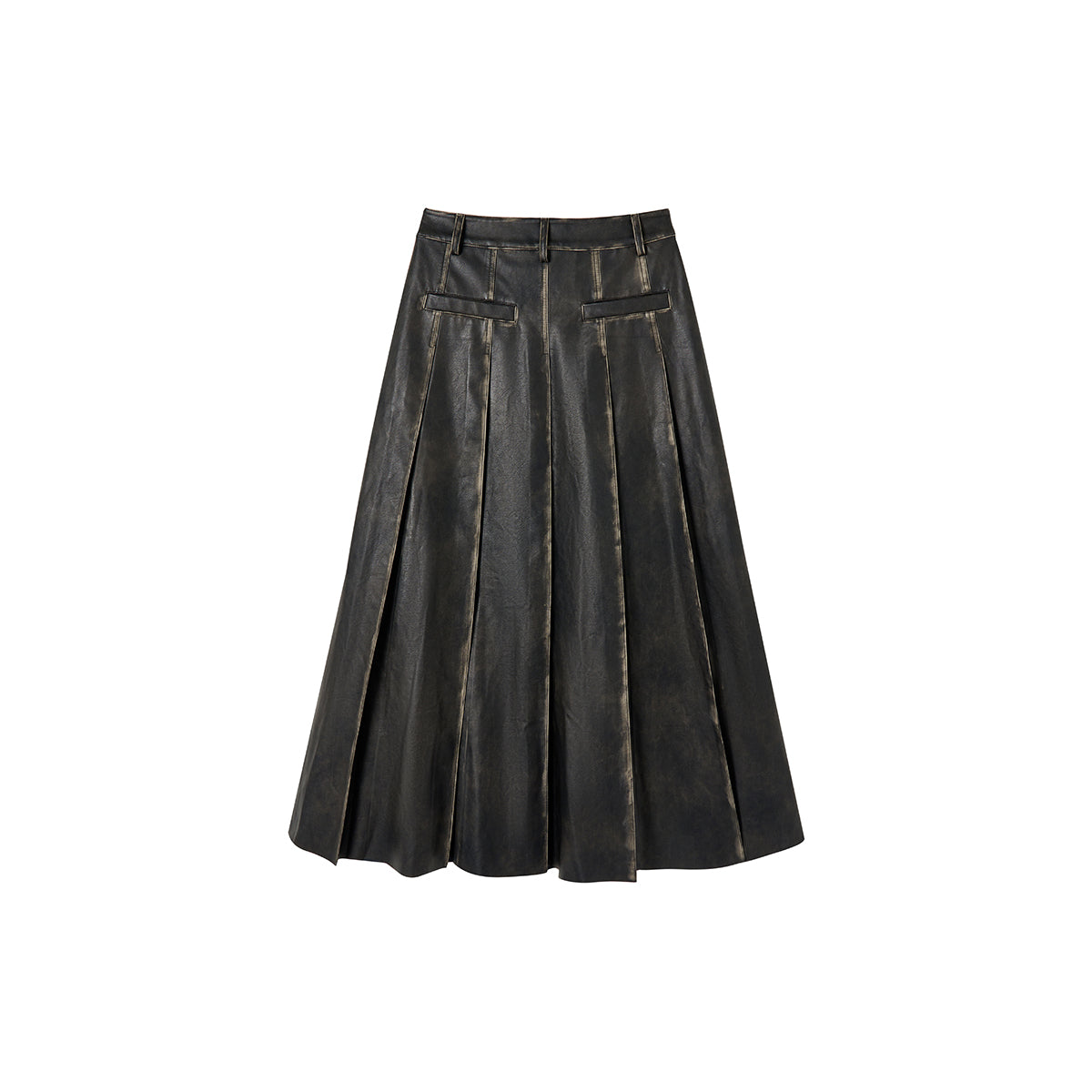 Via Pitti Brush-Off Leather Pleated Long Skirt Black