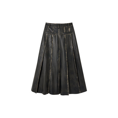 Via Pitti Brush-Off Leather Pleated Long Skirt Black