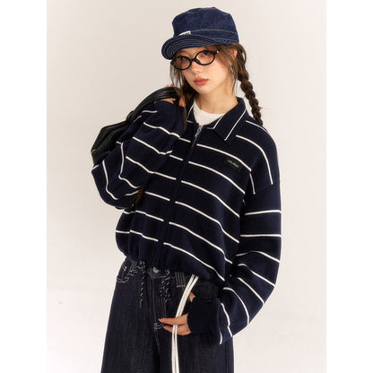 AsGony Contrast Color Drawstring Polo Knit Cardigan Navy Blue