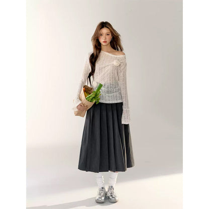 AsGony 3D Flower Hollow Cutting Knit Top White