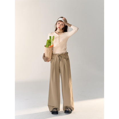 AsGony Leopard Elastic Drawstring Wide-Leg Pants