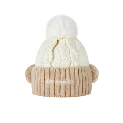 13De Marzo Bear Fuzzy Snowball Knit Beanie Beige