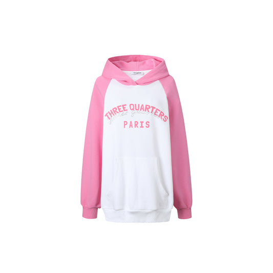 Three Quarters Rhinestone Printed Logo Hoodie Pink