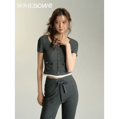 SomeSowe Bow Pockets Slim Fit Top Grey