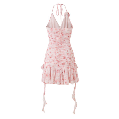 Eimismosol Ruffled Floral Wrinkle Halter Dress Pink