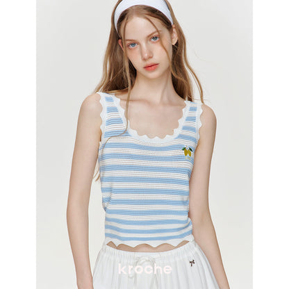 Kroche Hollow Out Striped Embroidered Knit Vest Blue