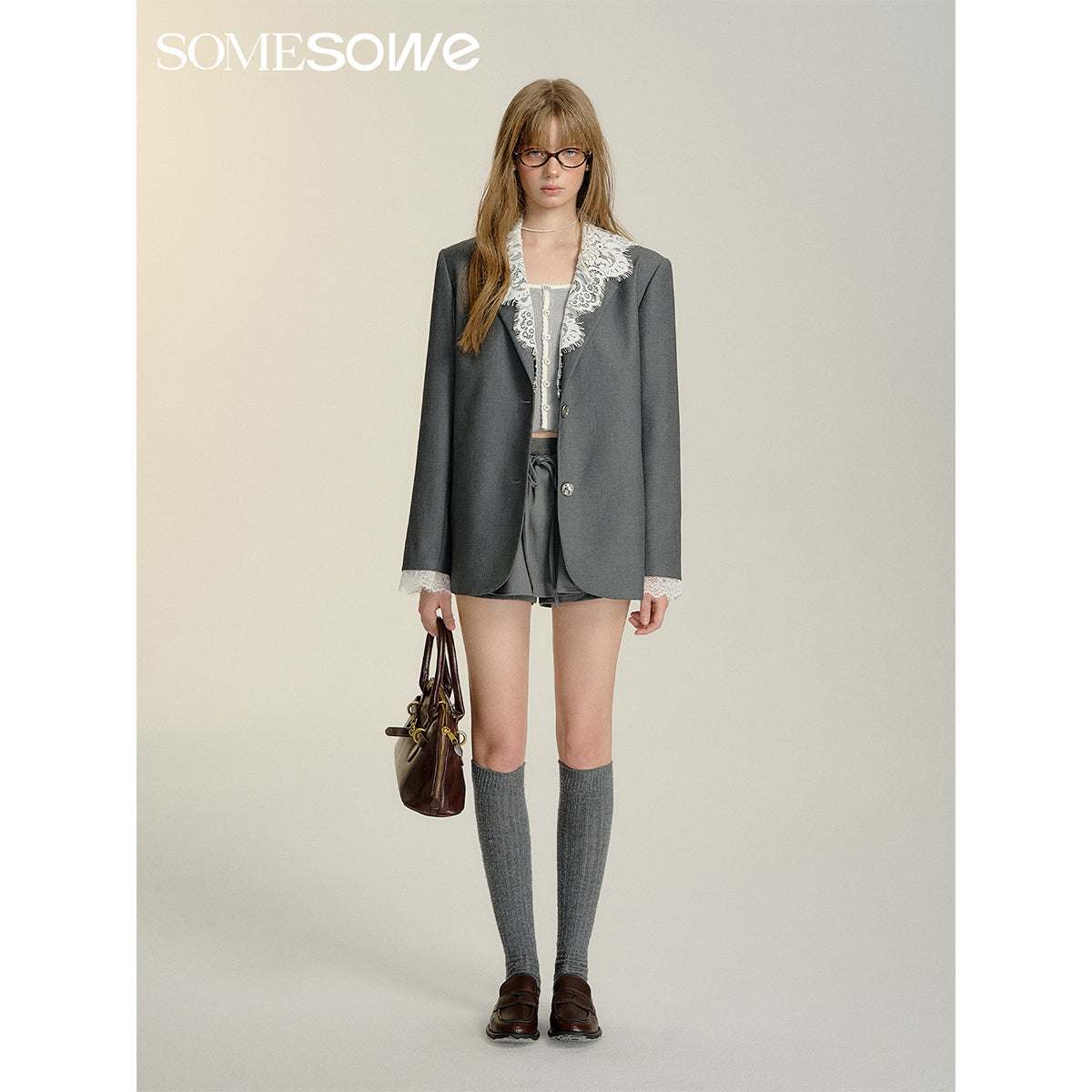 SomeSowe Detachable Lace Collar Blazer Grey