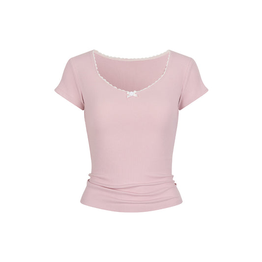 Via Pitti Bow Lace Patchwork T-Shirt Pink