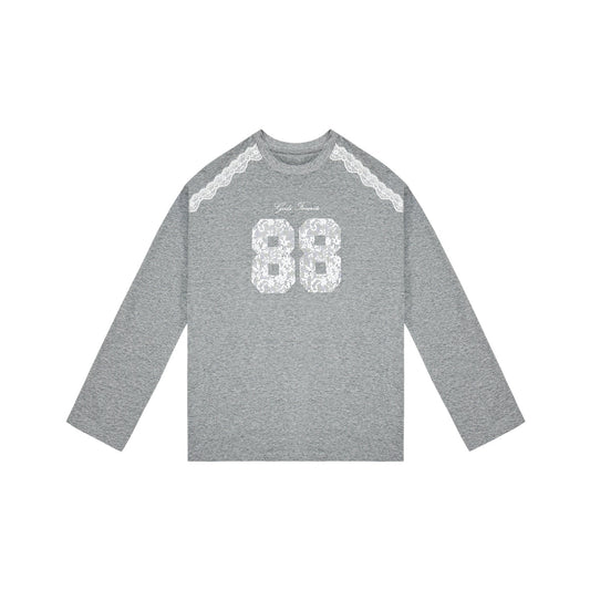 AsGony Retro Lace Patchwork L/S T-Shirt Gray