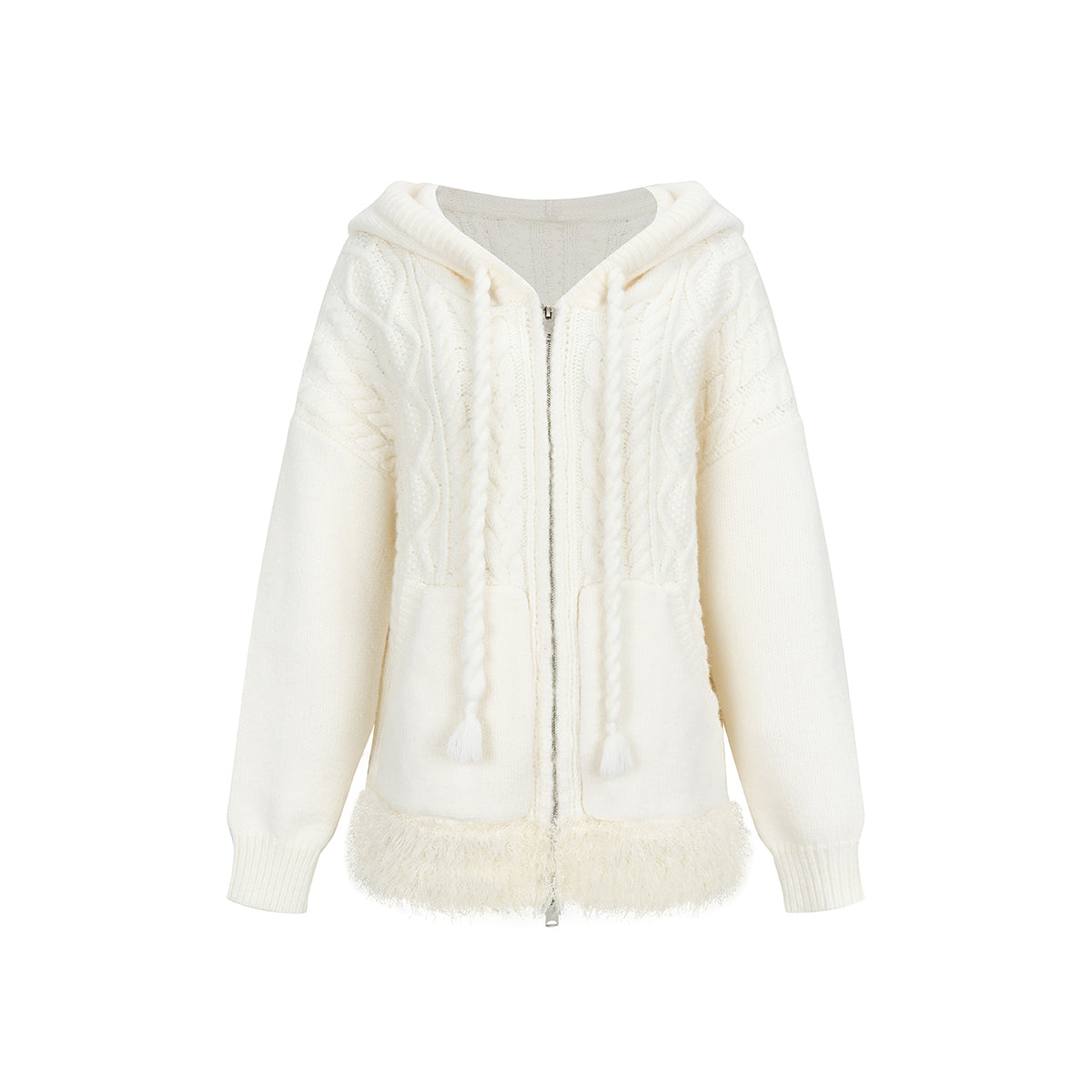 Via Pitti Fuzzy Edge Hooded Twist Knit Zipped Cardigan Cream