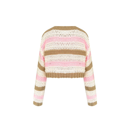 Kroche Color Blocked Striped Hollow Knitted Sweater