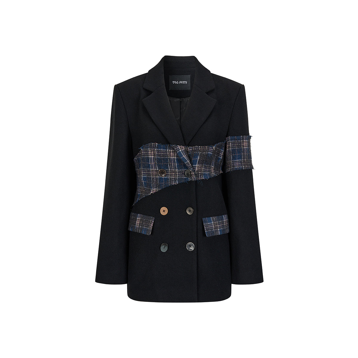 Via Pitti Heavy Plaid Patchwork Mid-Length Coat Black