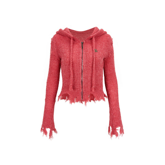 Via Pitti Destroy Cutting Waffle Knit Cardigan Red