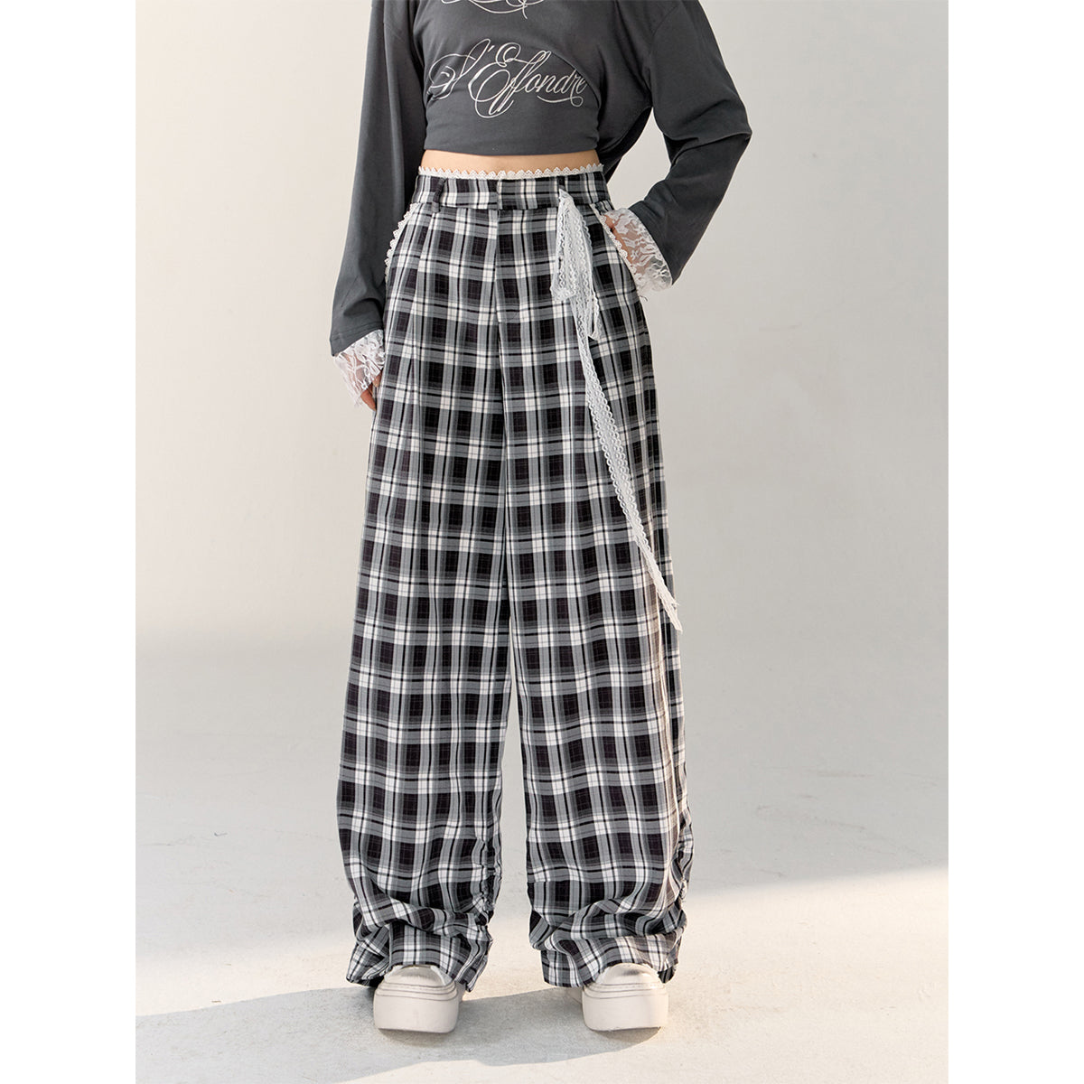 AsGony Lace Edge Plaid Casual Straight-Leg Pants Black