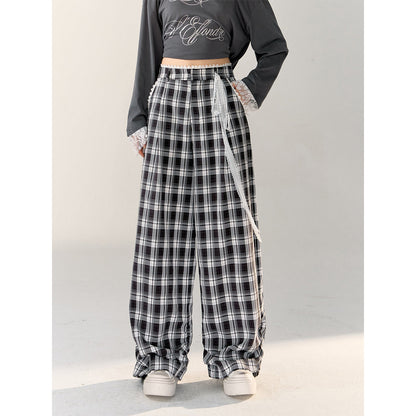 AsGony Lace Edge Plaid Casual Straight-Leg Pants Black