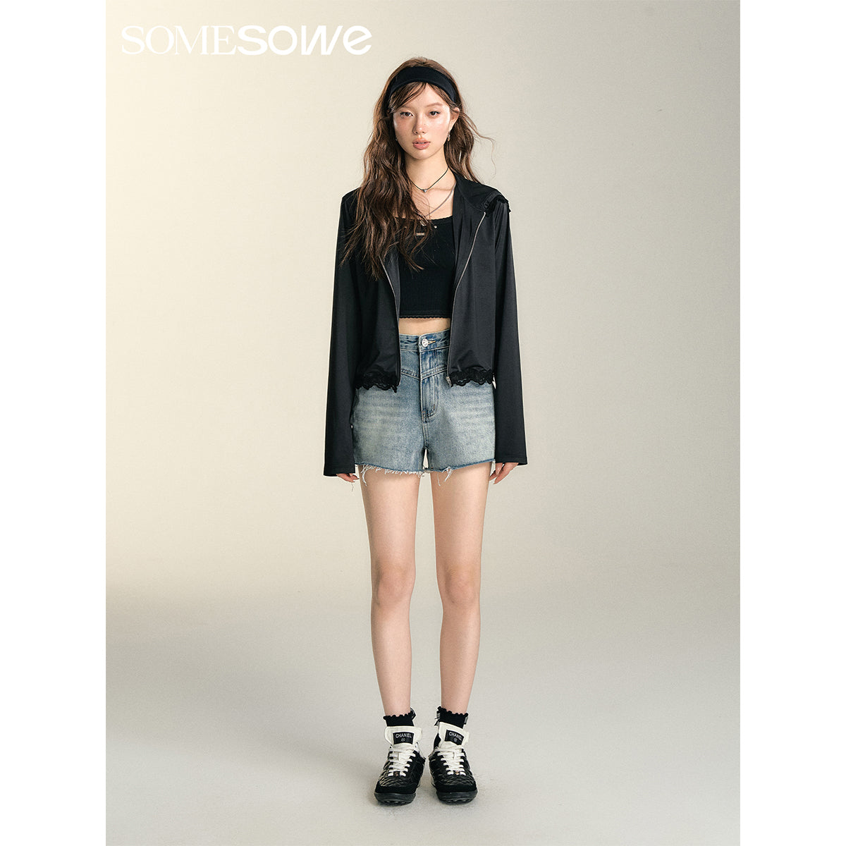 SomeSowe Lace Patchwork Hooded Jacket Black